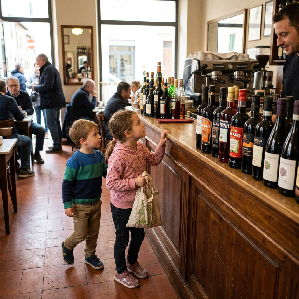 Two children standing at a café counter lined with wine bottles