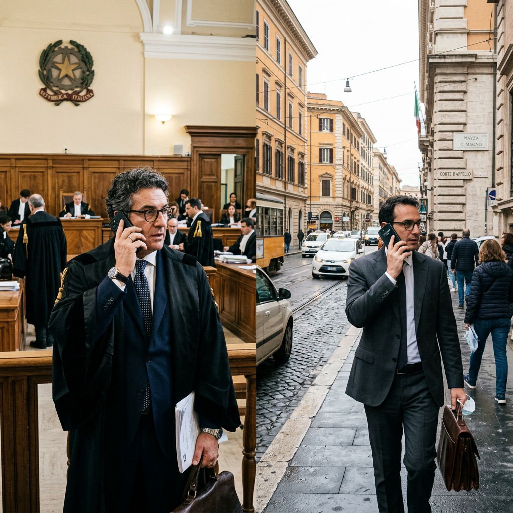 Lawyer on phone in courtroom beside lawyer walking through Rome