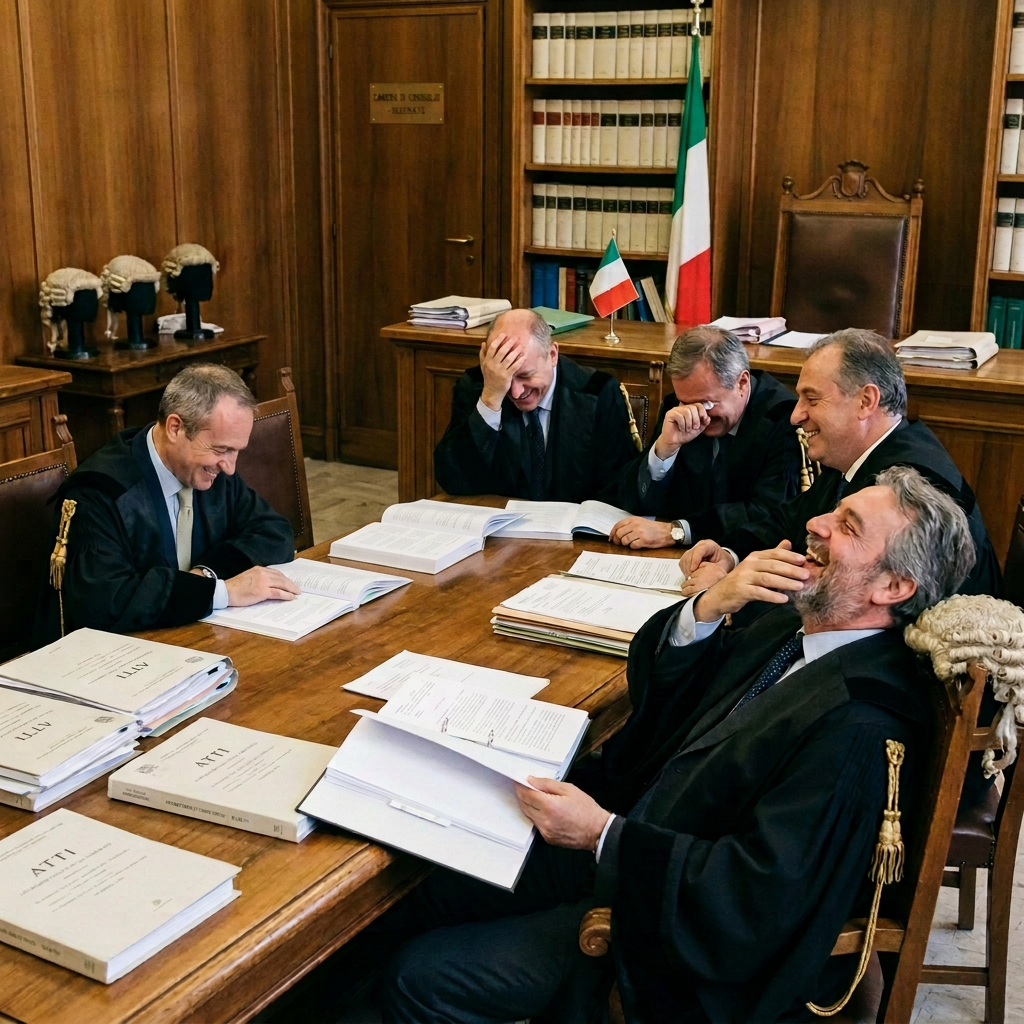 Five Italian legal officials reviewing documents and laughing around a courtroom table