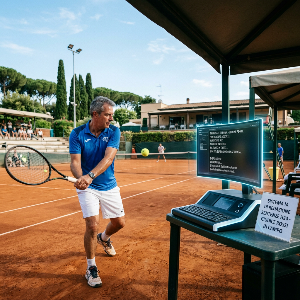 Tennis player beside AI system labeled “SISTEMA IA DI REDAZIONE SENTENZE H24”