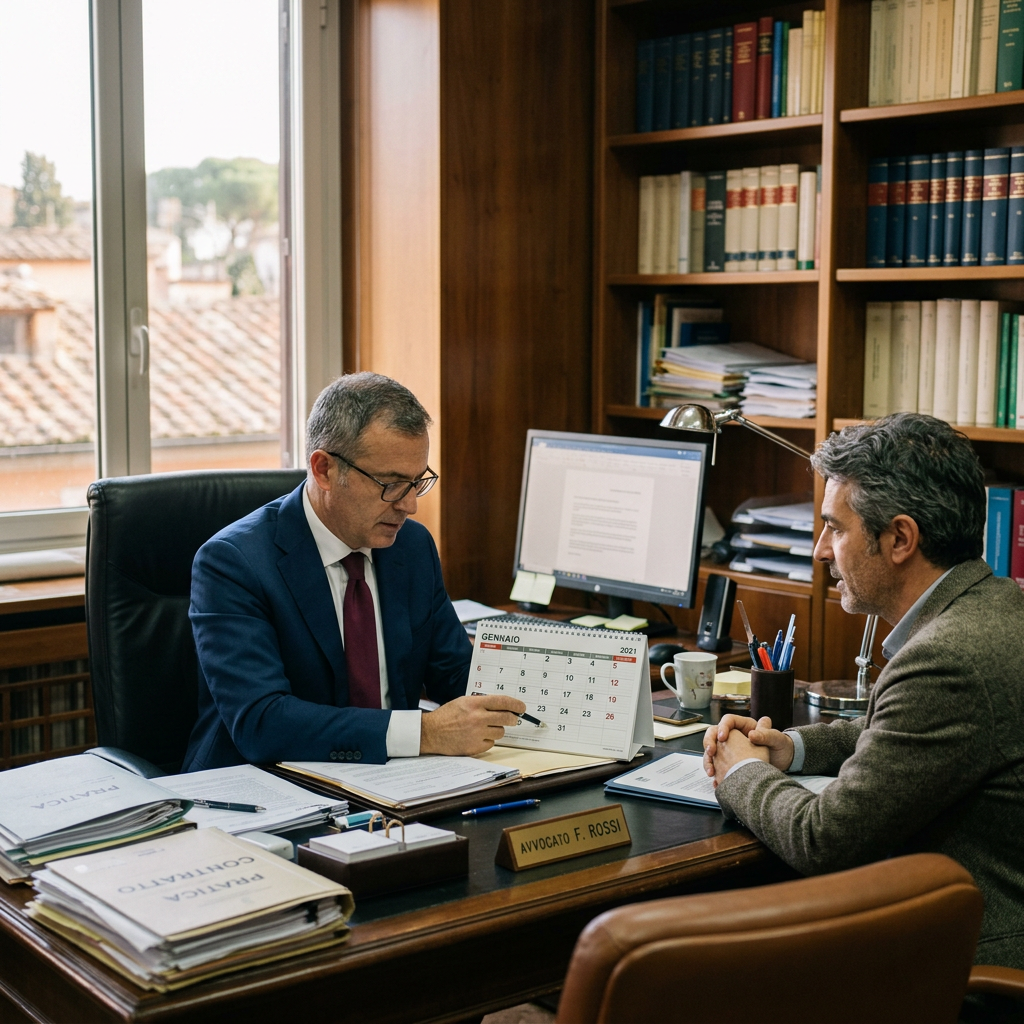 Two legal professionals reviewing documents across a desk in a law office