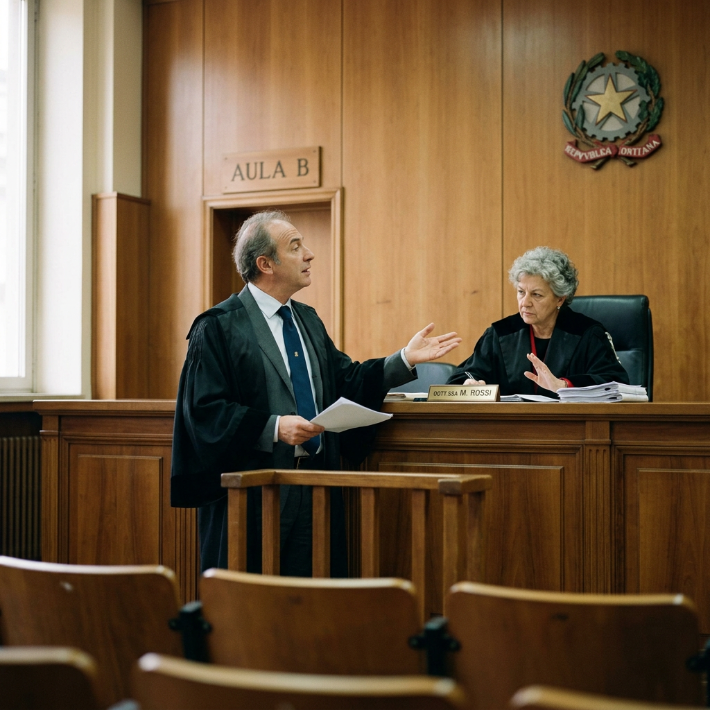 Lawyer addresses judge in courtroom labeled AULA B; DOTT.SSA M. ROSSI