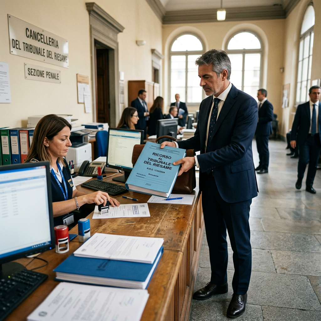Man submitting a dossier labeled “RICORSO TRIBUNALE DEL RIESAME” at the criminal court registry, marked “SEZIONE PENALE.”