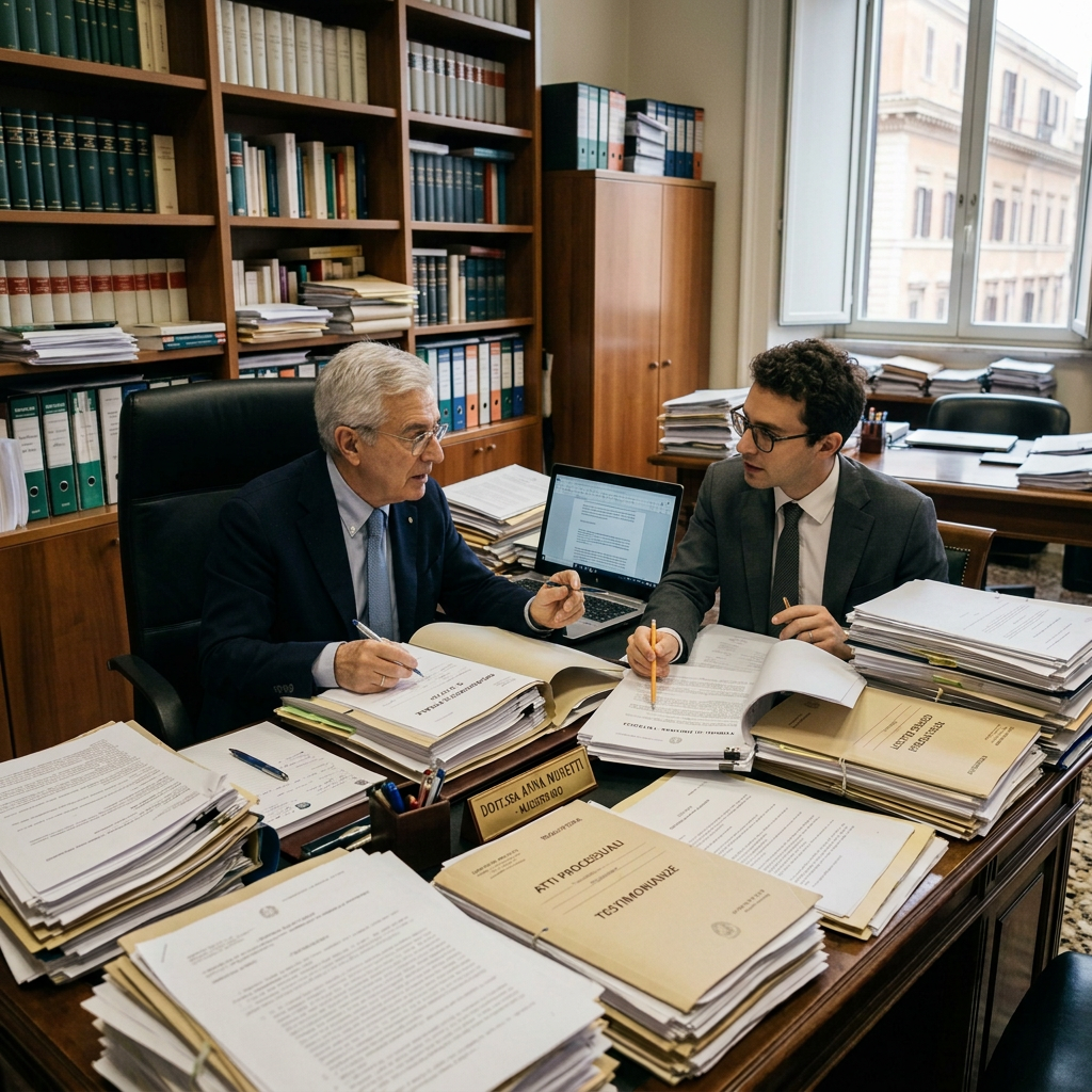 Two legal professionals reviewing documents at a desk in a law office