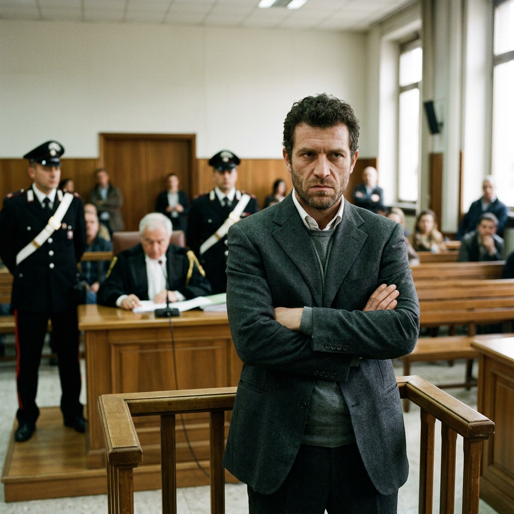 Man standing with crossed arms inside a courtroom