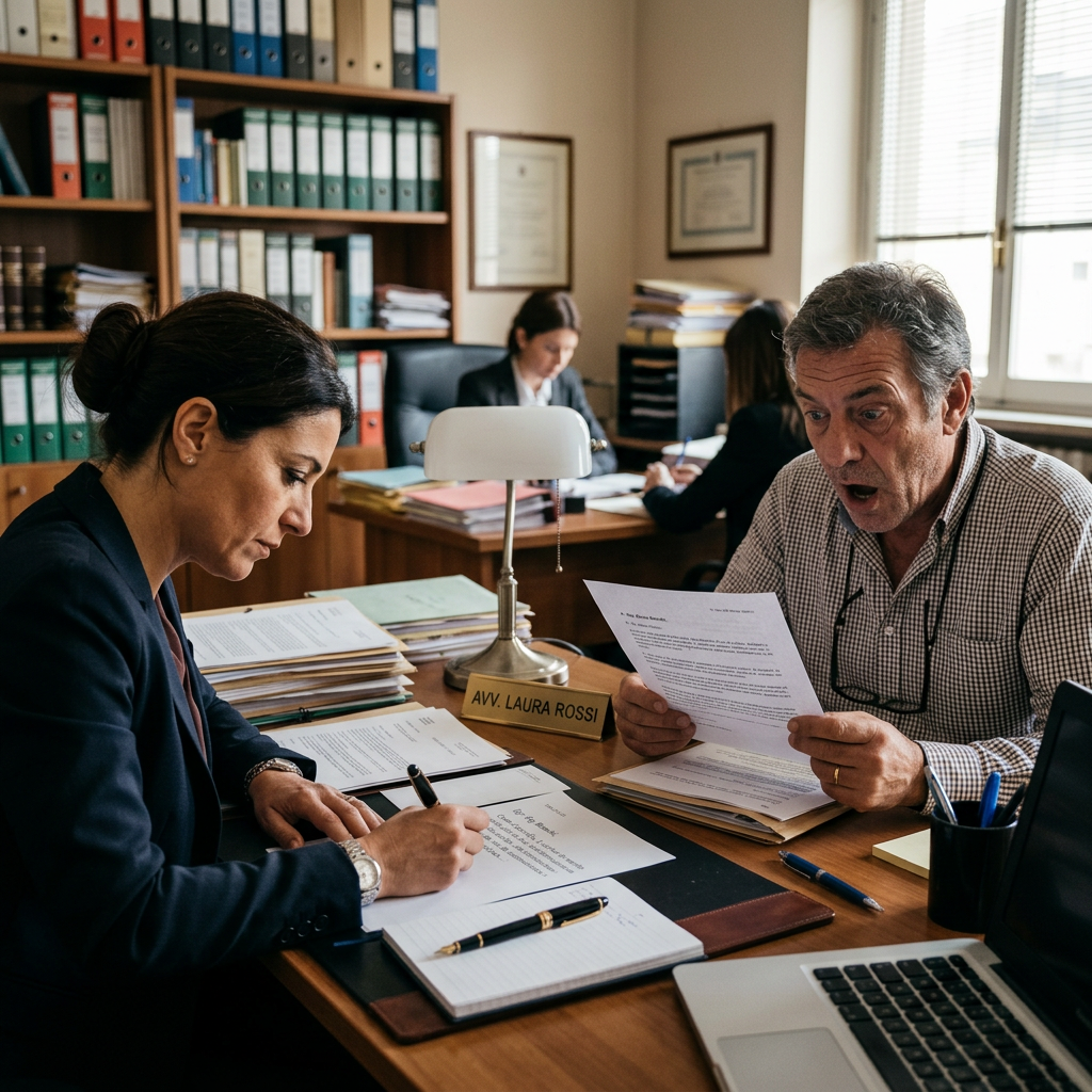 Lawyer and client reviewing documents at a desk labeled AVV. LAURA ROSSI