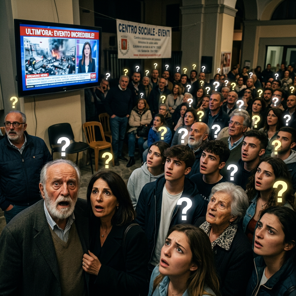 Crowd watching breaking news on television with question marks overhead