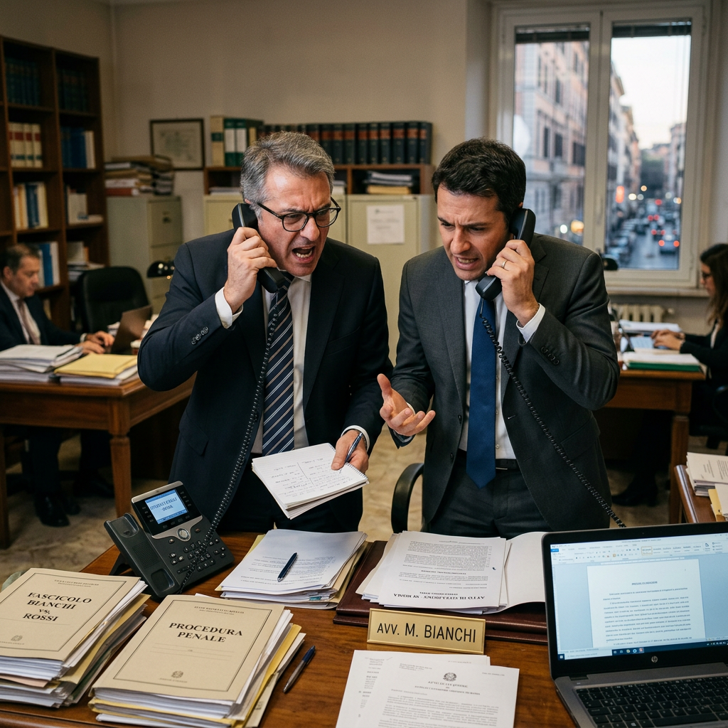Two attorneys on phones reviewing legal documents in an office