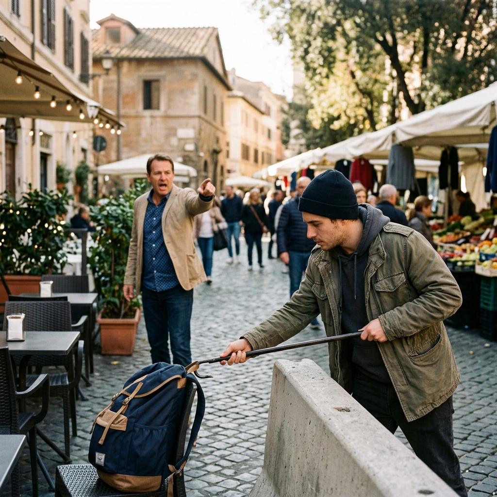 Man reaching toward a backpack at a busy outdoor market
