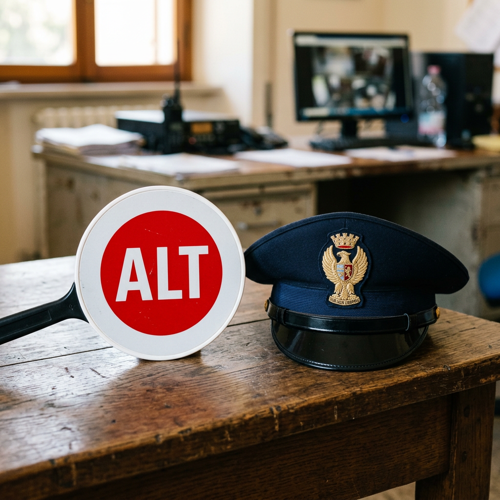 Red sign labeled “ALT” beside a formal uniform cap on a desk