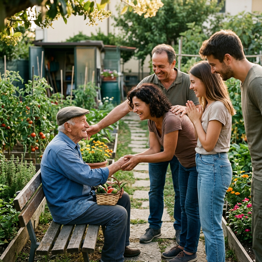 Four adults greet an older gardener holding a basket of vegetables.