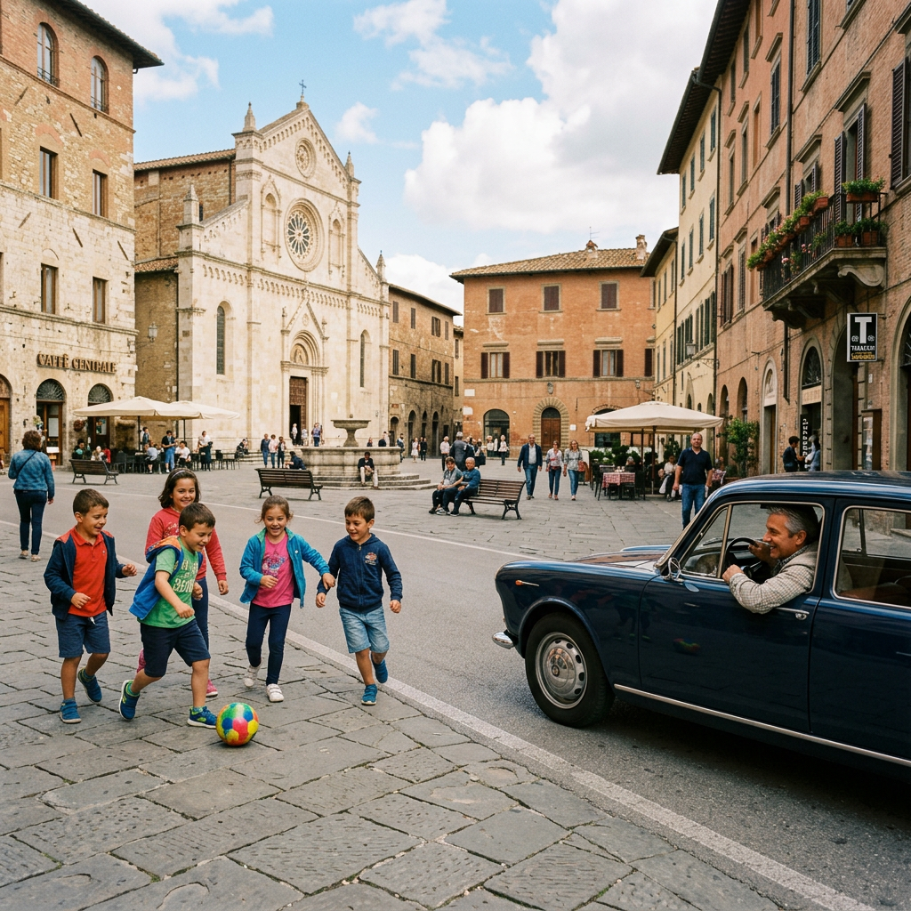 Piazza con bambini e automobile