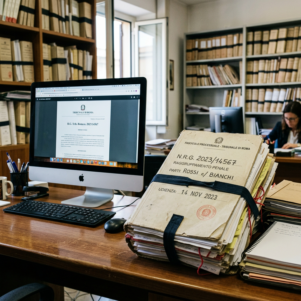 Bound Roman court file labeled N.R.G. 2023/14567 beside a computer