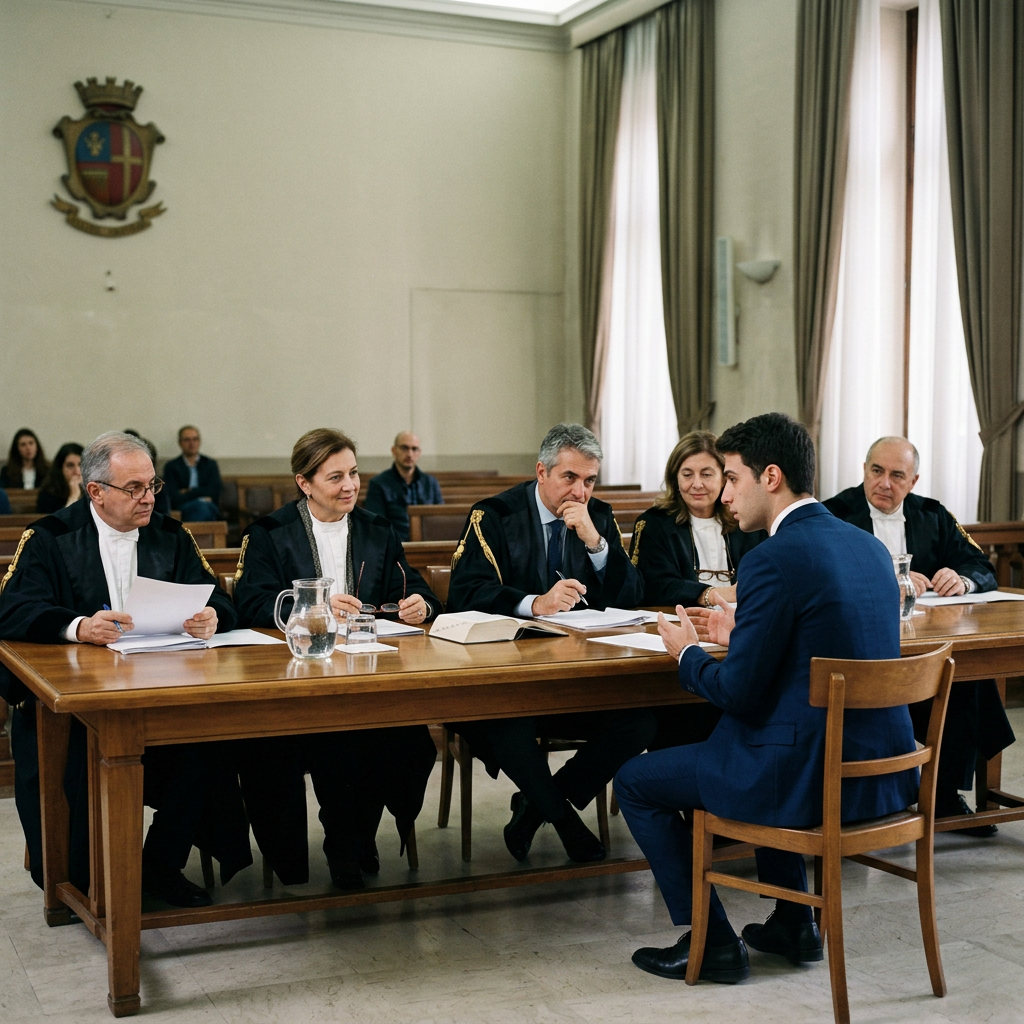 Young man addressing robed legal officials during a courtroom hearing