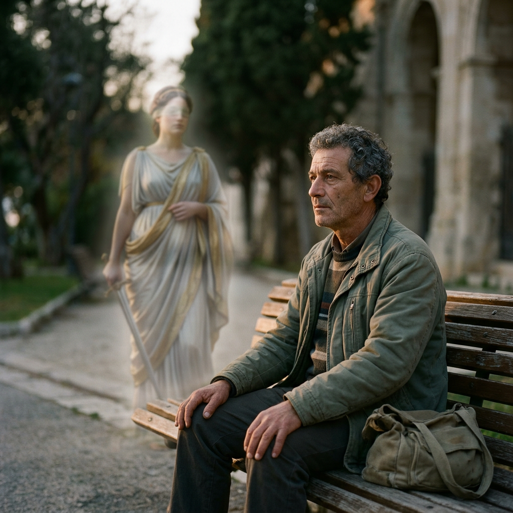Man sitting on bench with classical statue in park