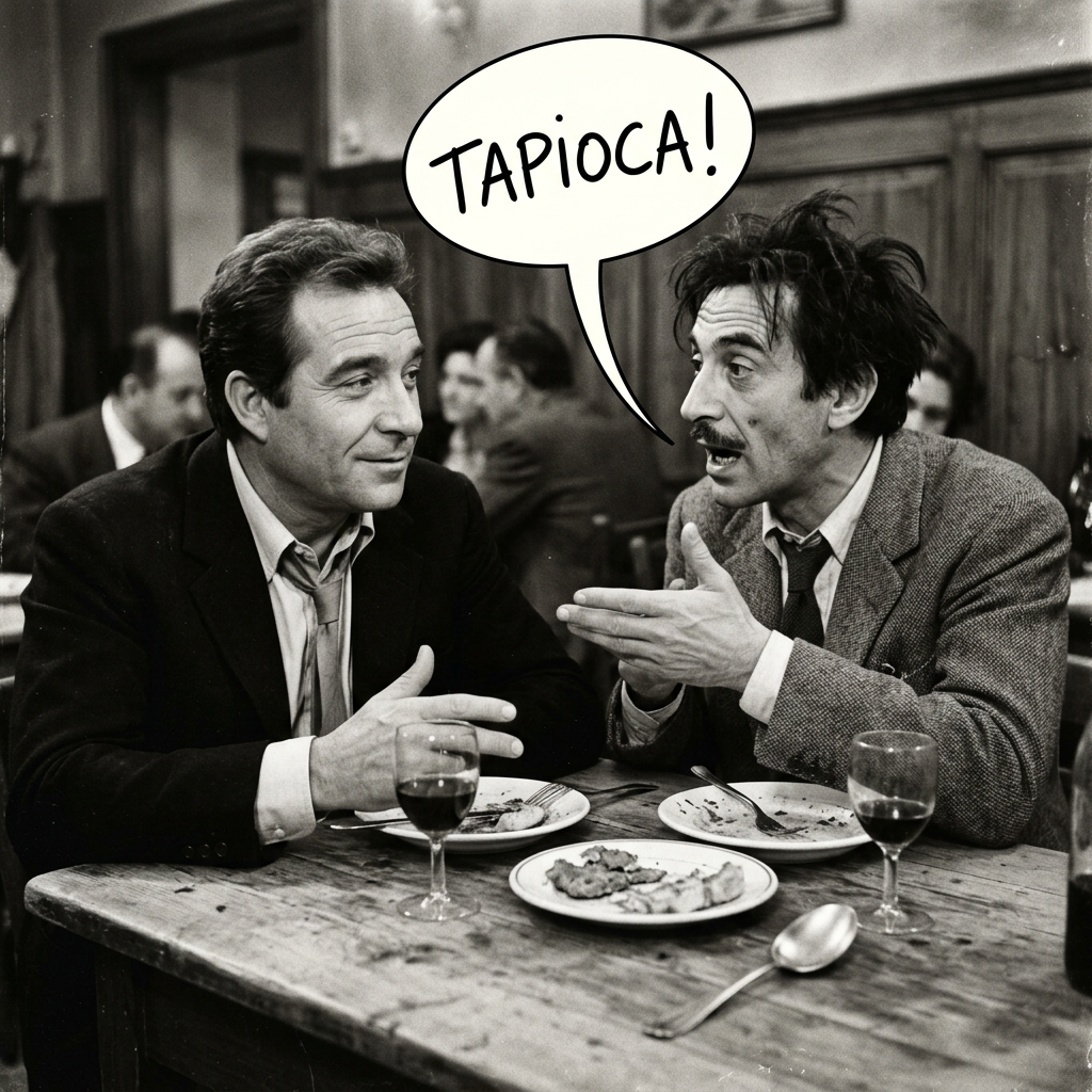 Two men dining at a restaurant; speech bubble reads “TAPIOCA!”