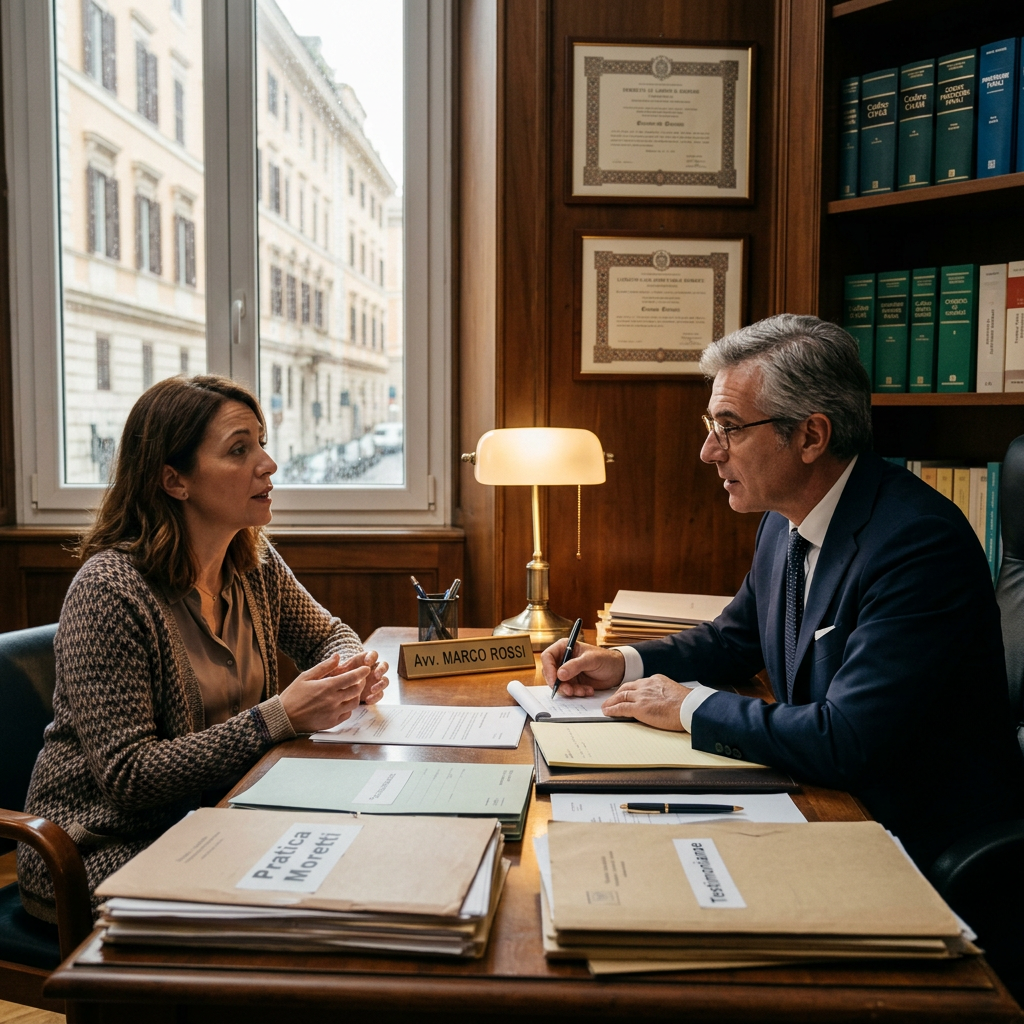 Lawyer and client reviewing documents labeled Avv. Marco Rossi, Pratica Moretti, and Testamento