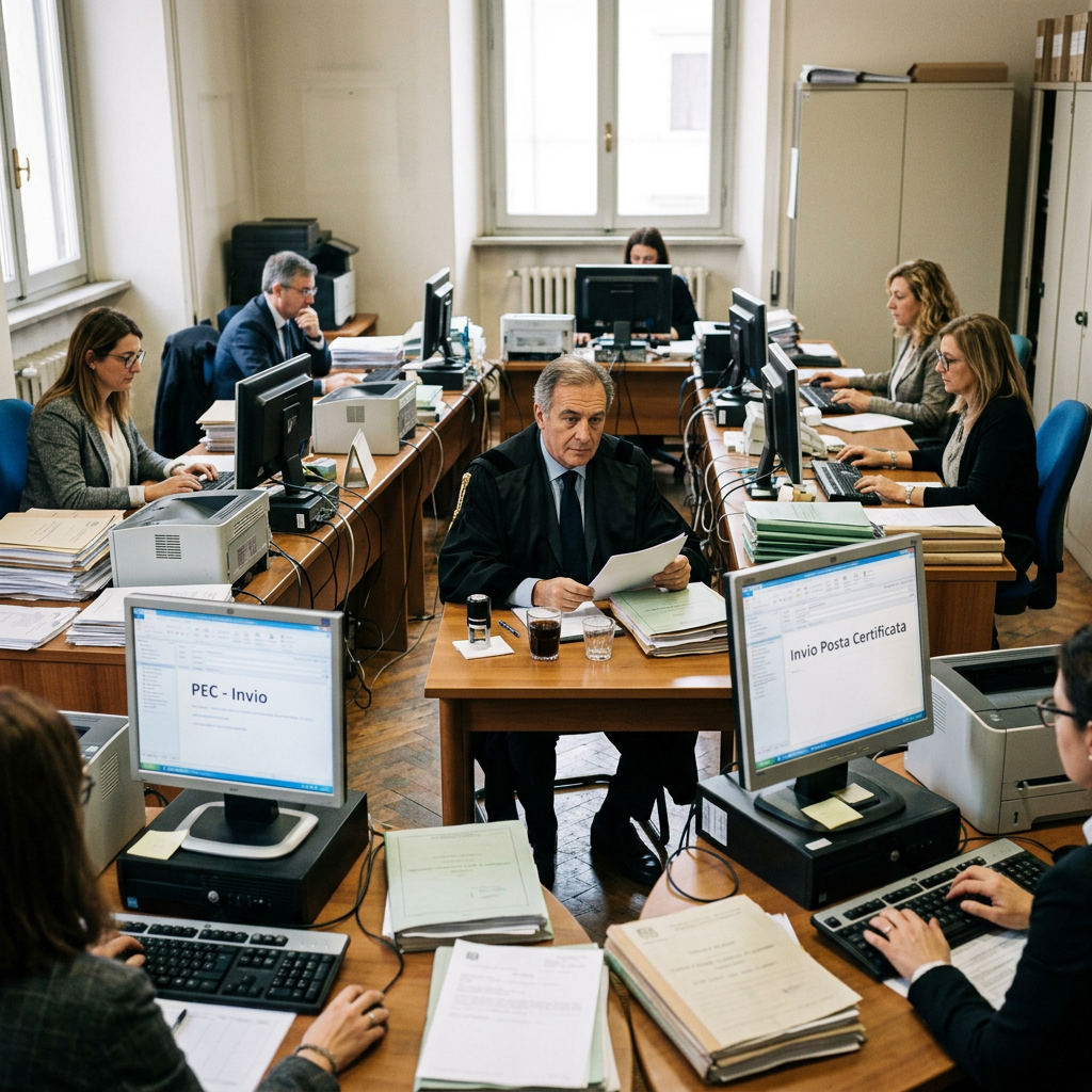 Court office with clerks, paperwork, and screens reading “PEC - Invio” and “Invio Posta Certificata.”