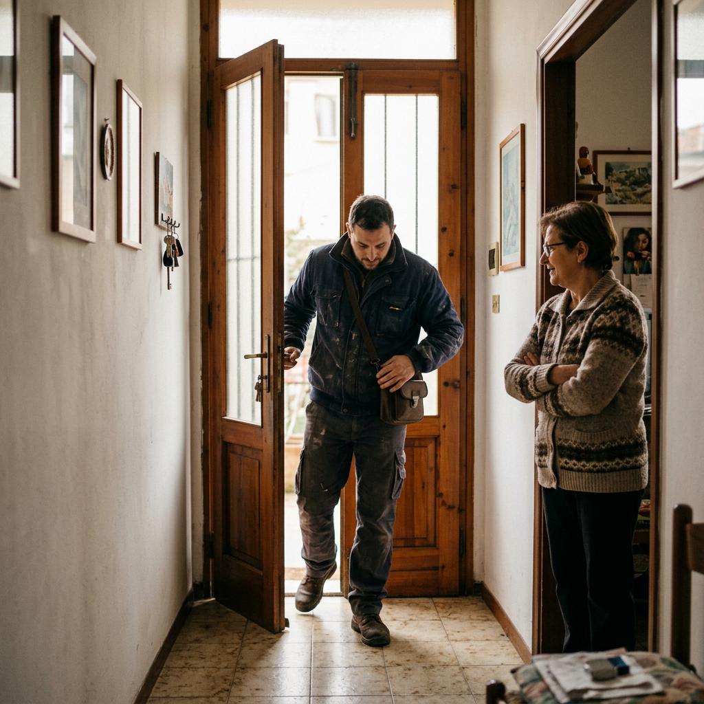 A man enters a home while a woman stands nearby welcoming him