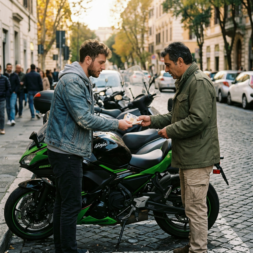 Two men exchange paperwork beside a green Kawasaki motorcycle on a city street
