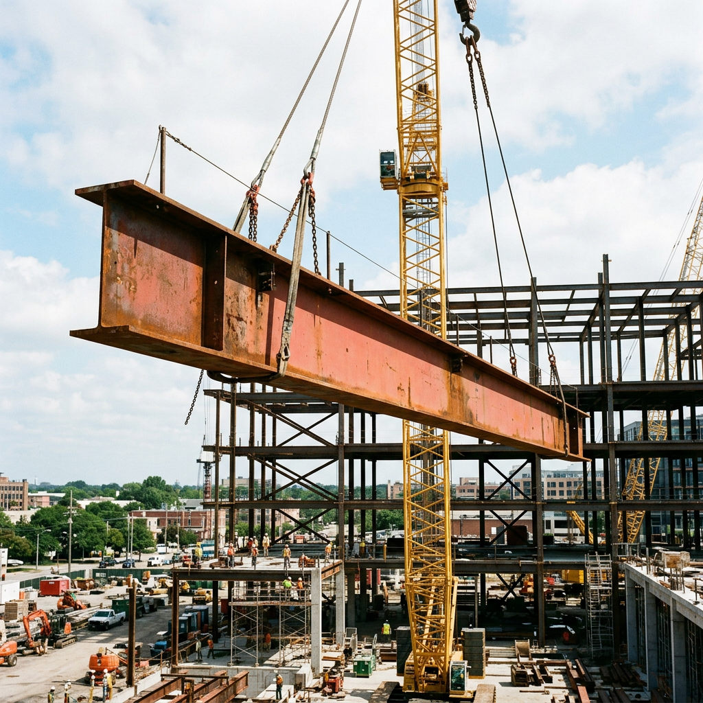 Crane lifting a rust-colored steel beam at a construction site