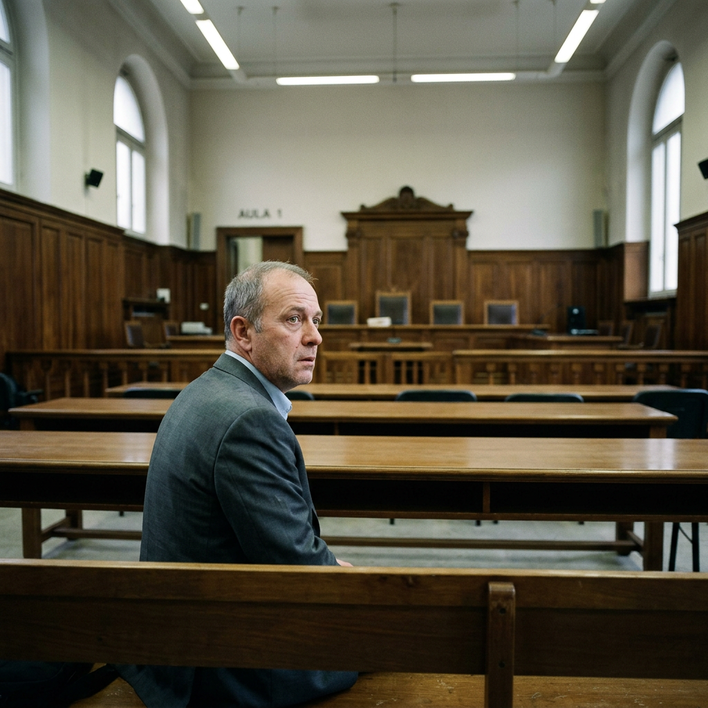 Man seated alone on a courtroom bench facing the judge’s bench