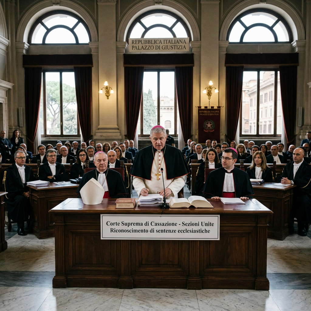 Clergy and legal officials seated in court beneath signs reading “REPUBBLICA ITALIANA PALAZZO DI GIUSTIZIA” and “Corte Suprema di Cassazione - Sezioni Unite Riconoscimento di sentenze ecclesiastiche.”
