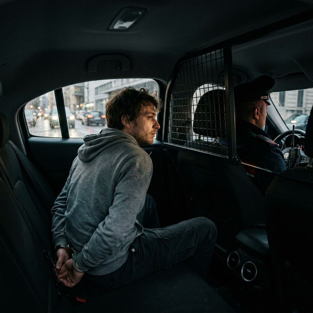 Handcuffed passenger seated behind a partition in a police vehicle
