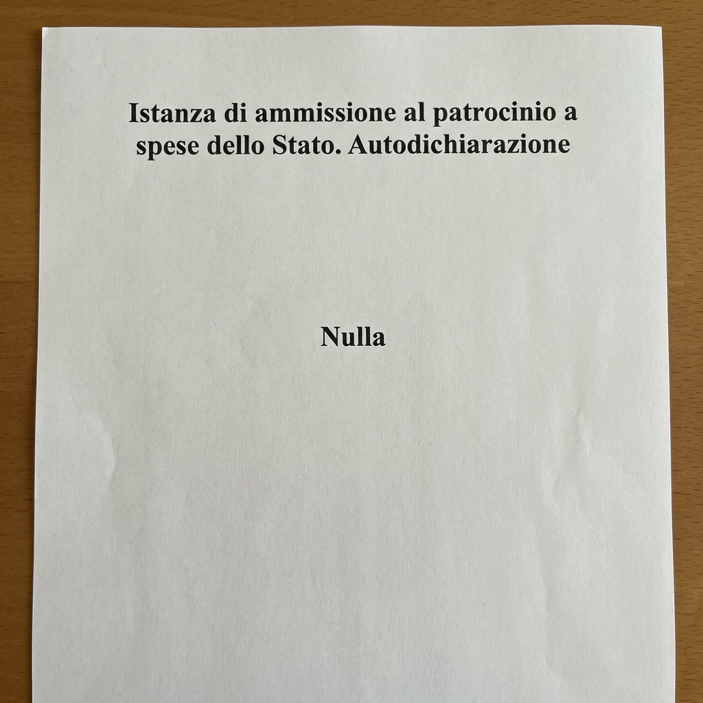 Italian form titled “Istanza di ammissione al patrocinio a spese dello Stato. Autodichiarazione” with “Nulla” centered below