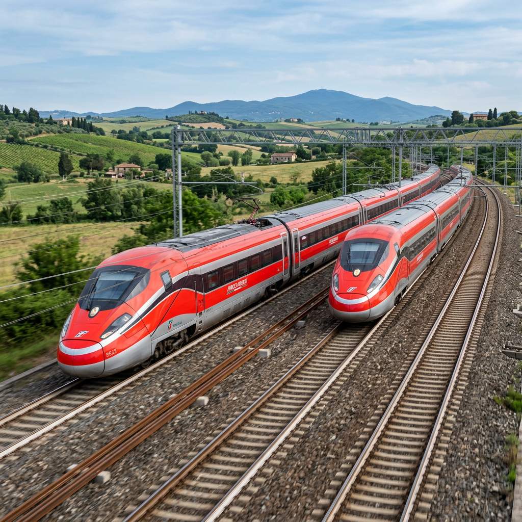 Two red high-speed trains traveling on parallel tracks through the Tuscan countryside