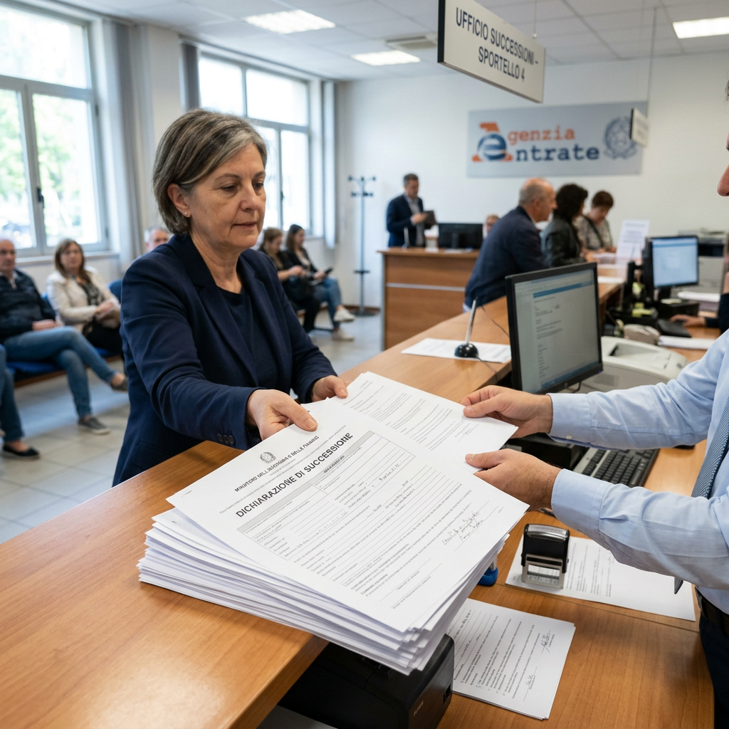 Woman submitting a dichiarazione di successione form at Agenzia Entrate office