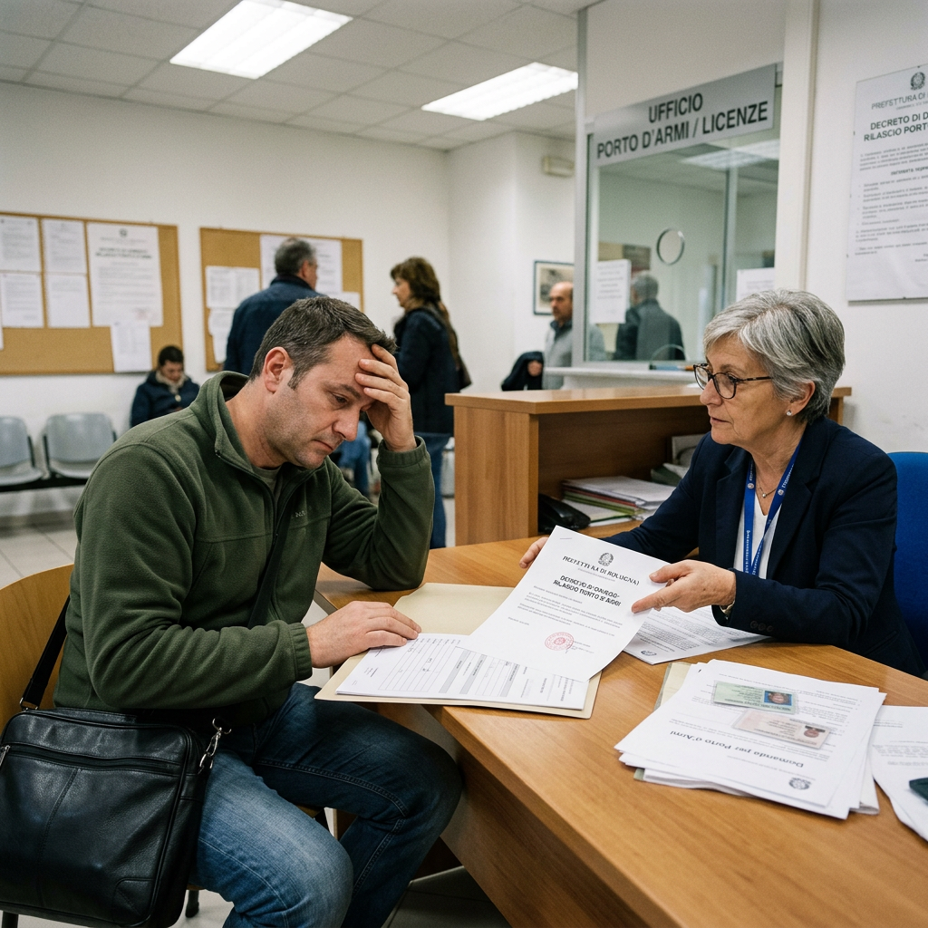 Applicant reviews firearms license paperwork with an official at a government office