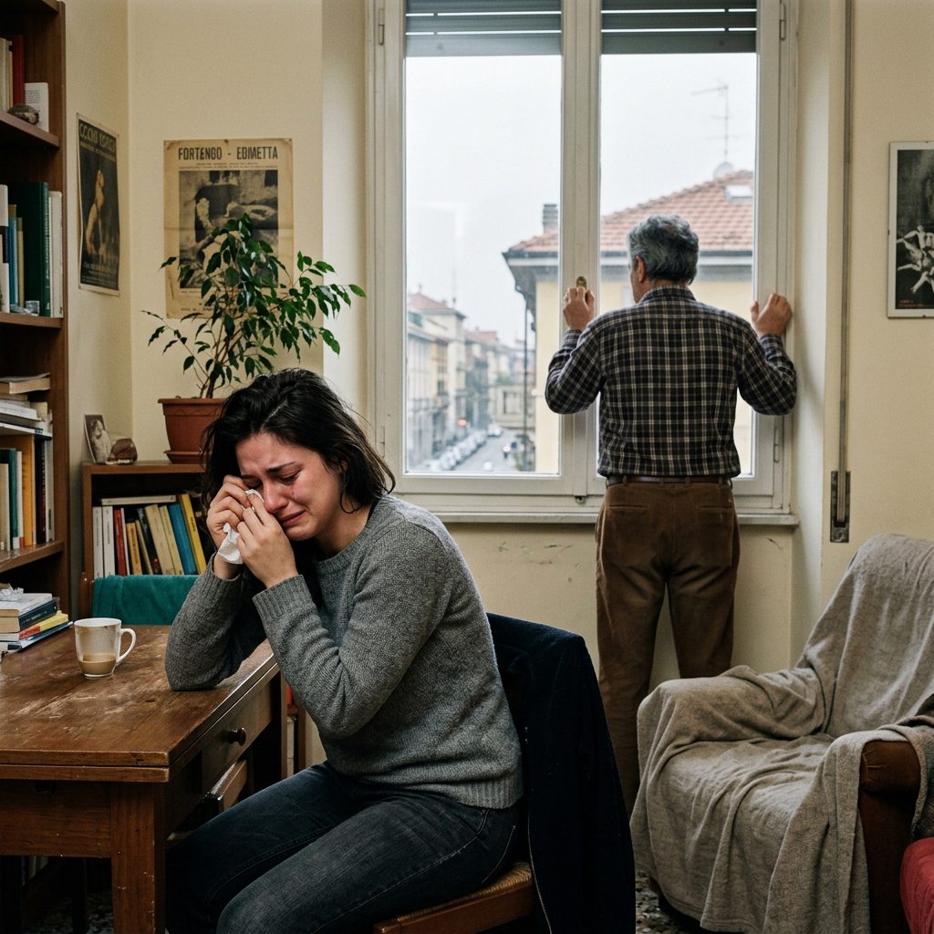 Woman crying at a table while man stands by an apartment window