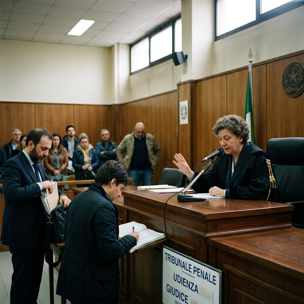 Judge presiding over a criminal hearing in an Italian courtroom