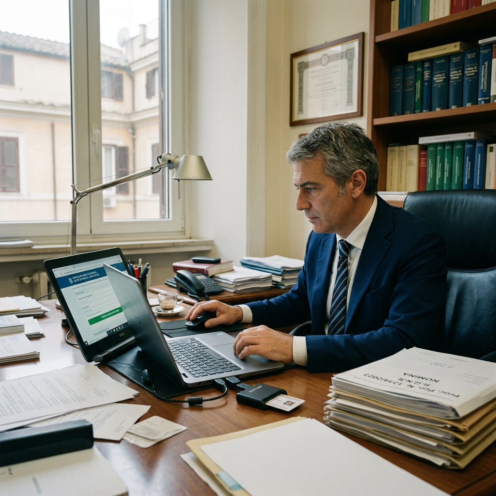 Lawyer working at a laptop beside stacks of legal documents