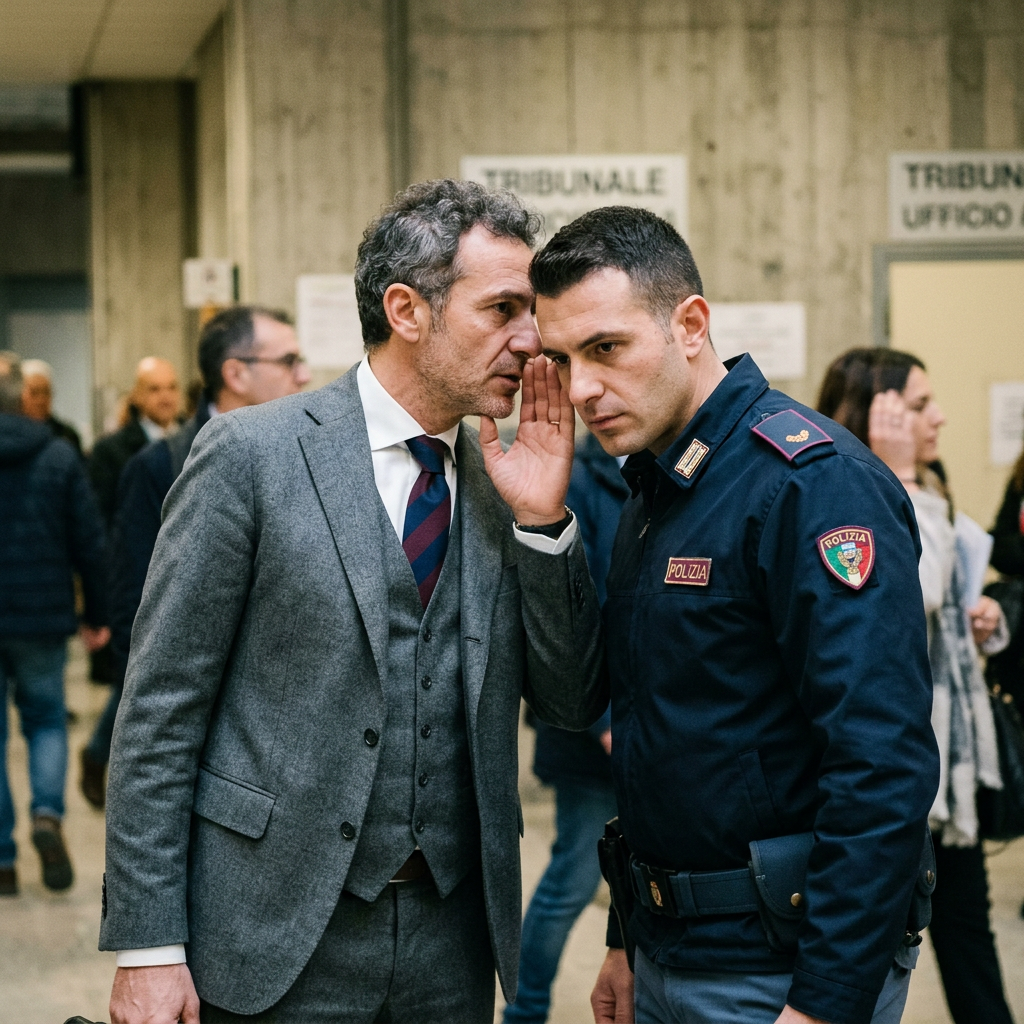 Man whispering to an Italian police officer inside a courthouse