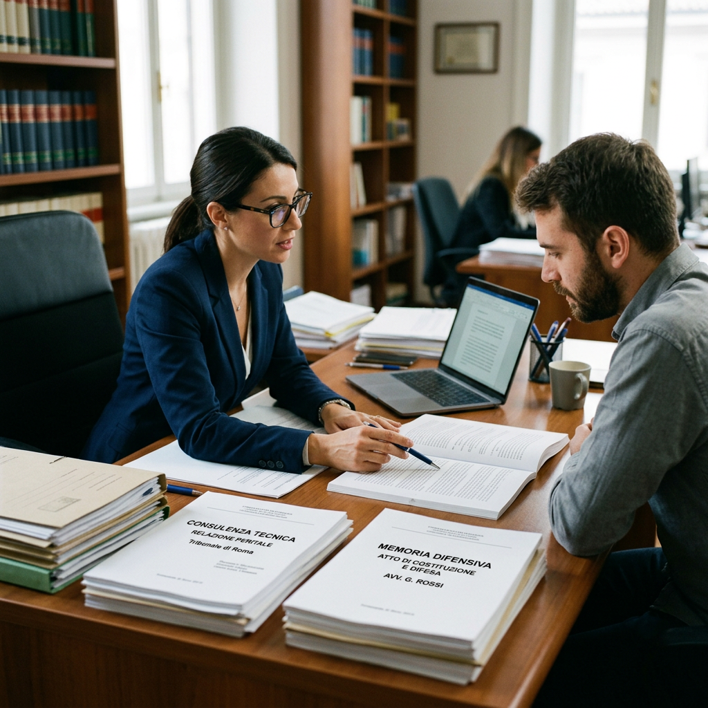 Two professionals reviewing Italian legal documents beside an open laptop