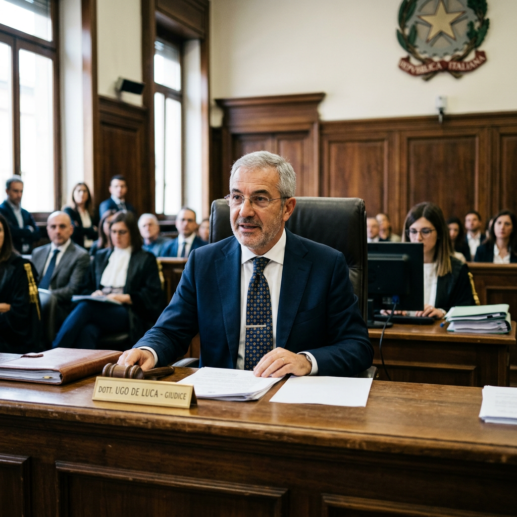 Judge Ugo De Luca seated at a courtroom bench during proceedings