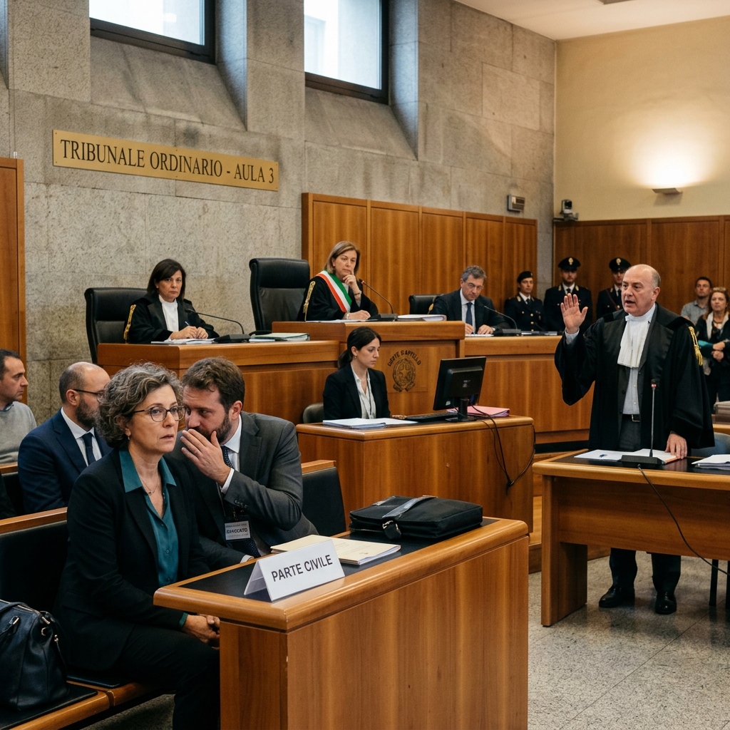 Italian courtroom hearing with lawyer, judges, officials, and signs reading “TRIBUNALE ORDINARIO - AULA 3” and “PARTE CIVILE”