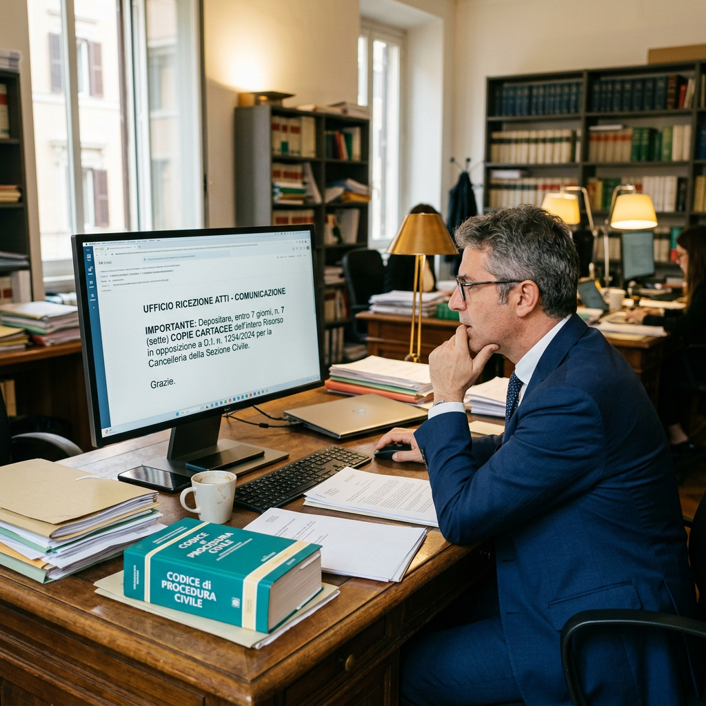 Man reviewing Italian notice reading “UFFICIO RICEZIONE ATTI - COMUNICAZIONE” and “IMPORTANTE: Depositare, entro 7 giorni, n. 7 (sette) COPIE CARTACEE del rintero Risorso in opposizione a 0.1. 13/24 per la Cancelleria della Sezione Civile. Grazie.” beside book titled “CODICE DI PROCEDURA CIVILE.”