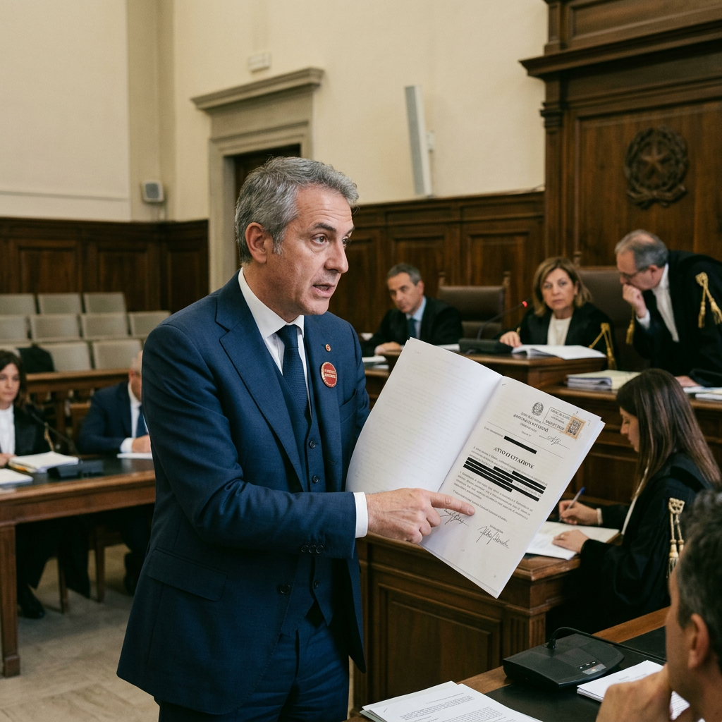 Man presenting a partially redacted document in a courtroom