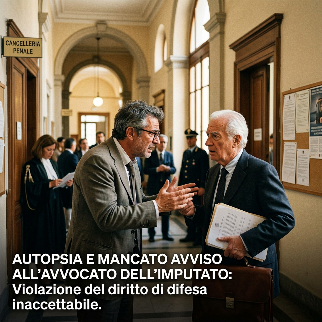 Corridoio del tribunale con due avvocati e testo: “CANCELLERIA PENALE. AUTOPSIA E MANCATO AVVISO ALL’AVVOCATO DELL’IMPUTATO: Violazione del diritto di difesa inaccettabile.”