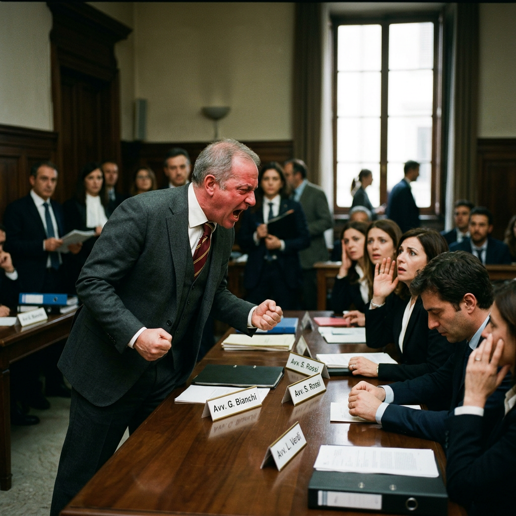 Attorney shouting beside a courtroom table labeled Avv. G. Bianchi, Avv. S. Rossi, Avv. L. Verdi, and Avv. 3. Rossi