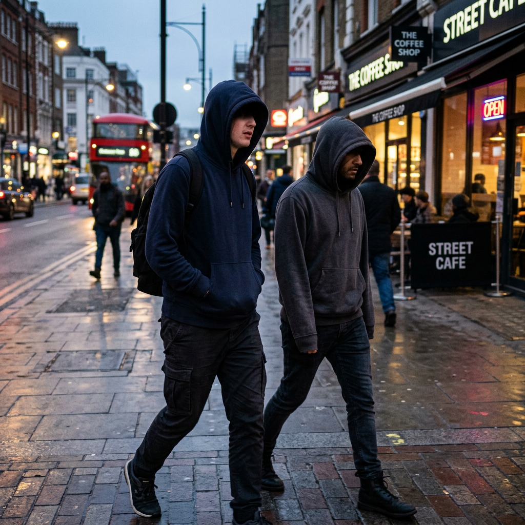 Two hooded pedestrians walking past cafés on a wet city street
