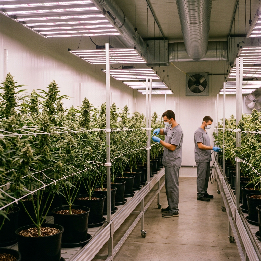 Two workers tending flowering cannabis plants in an indoor cultivation facility