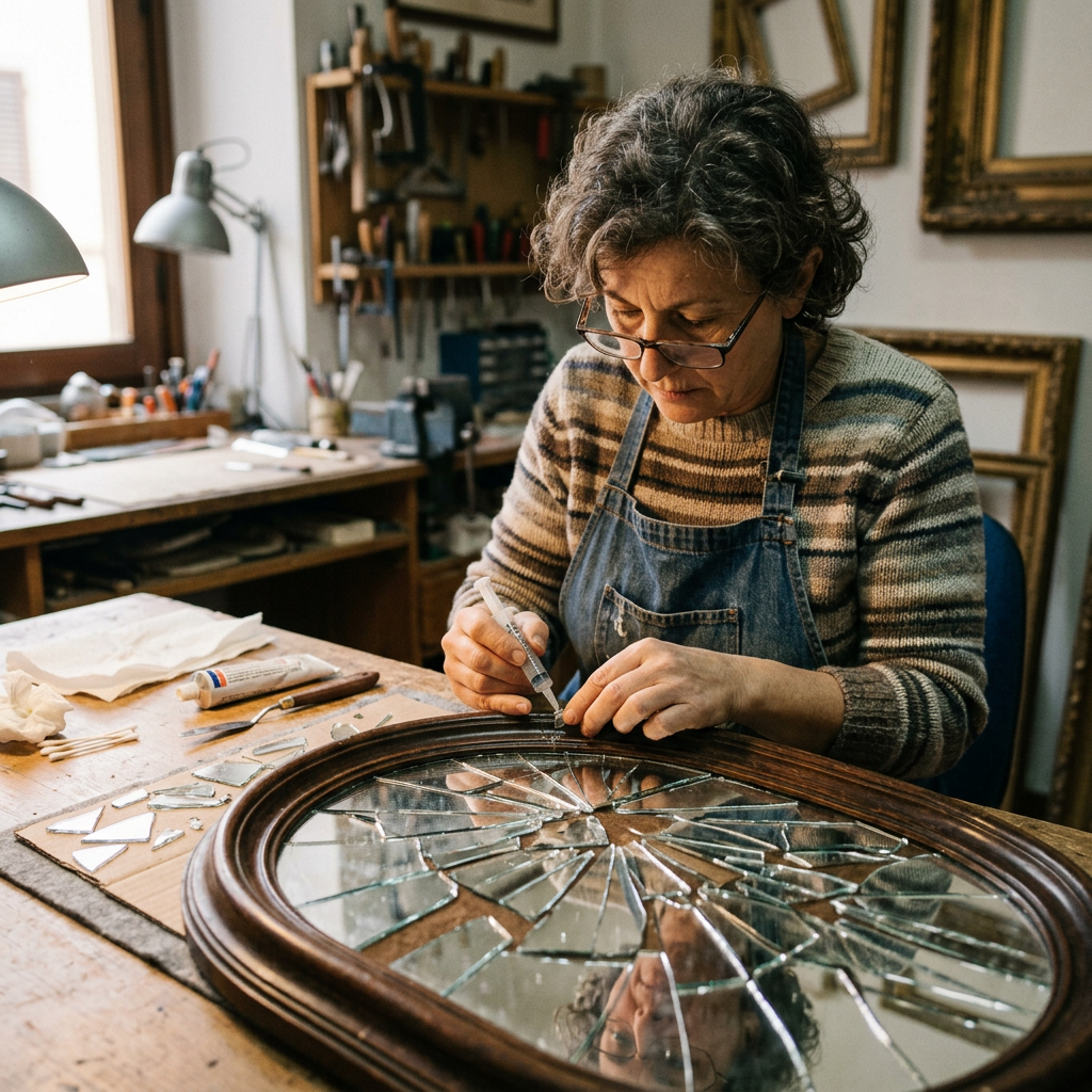 Artisan repairing a broken antique mirror at a workshop table