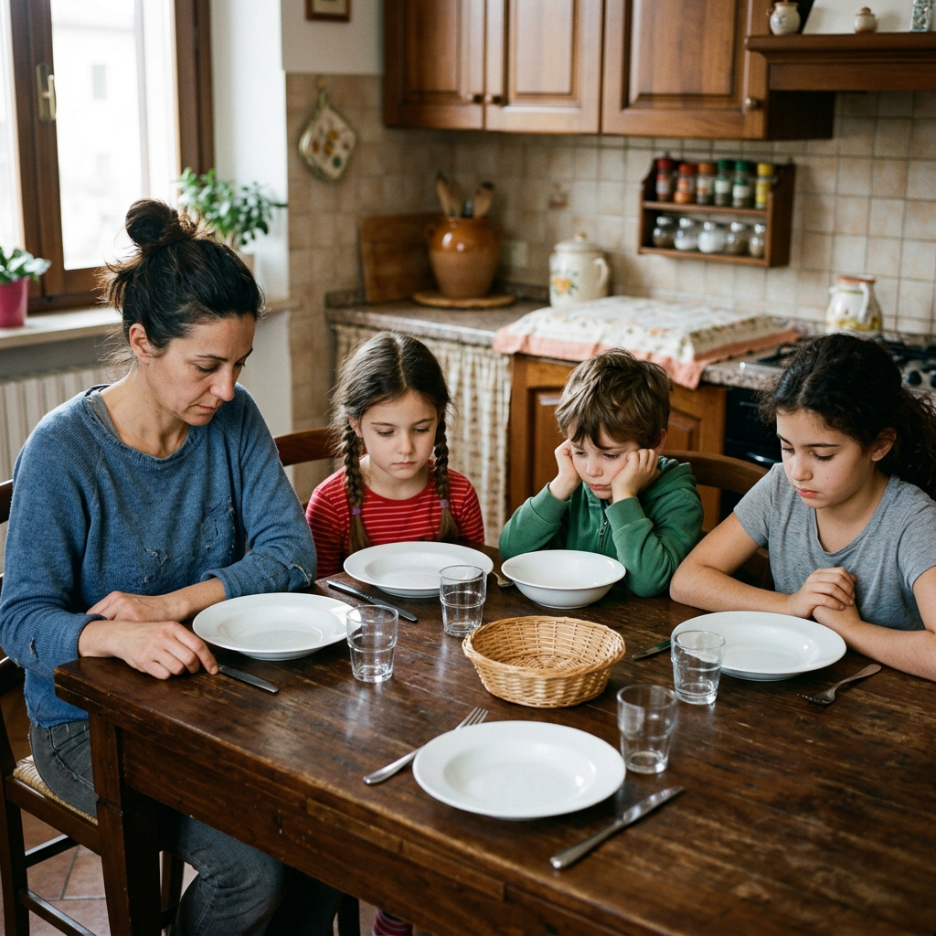 Adult and three children sitting at a set kitchen table