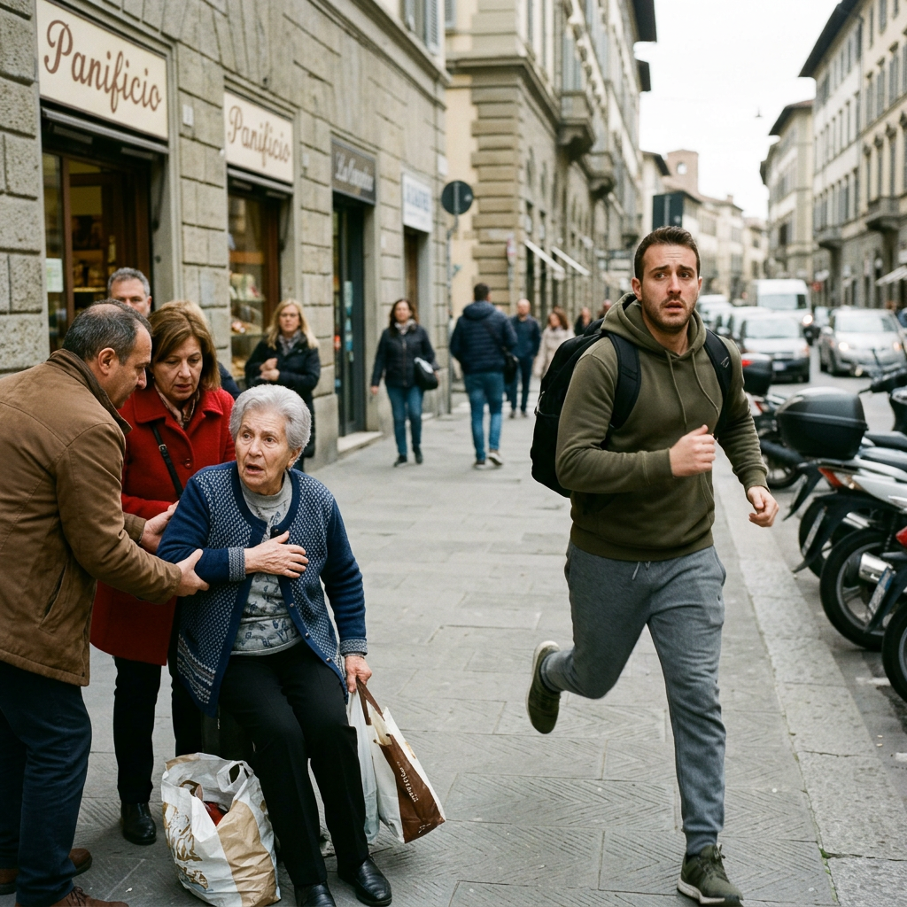 People helping an older woman on a busy city sidewalk as a jogger passes