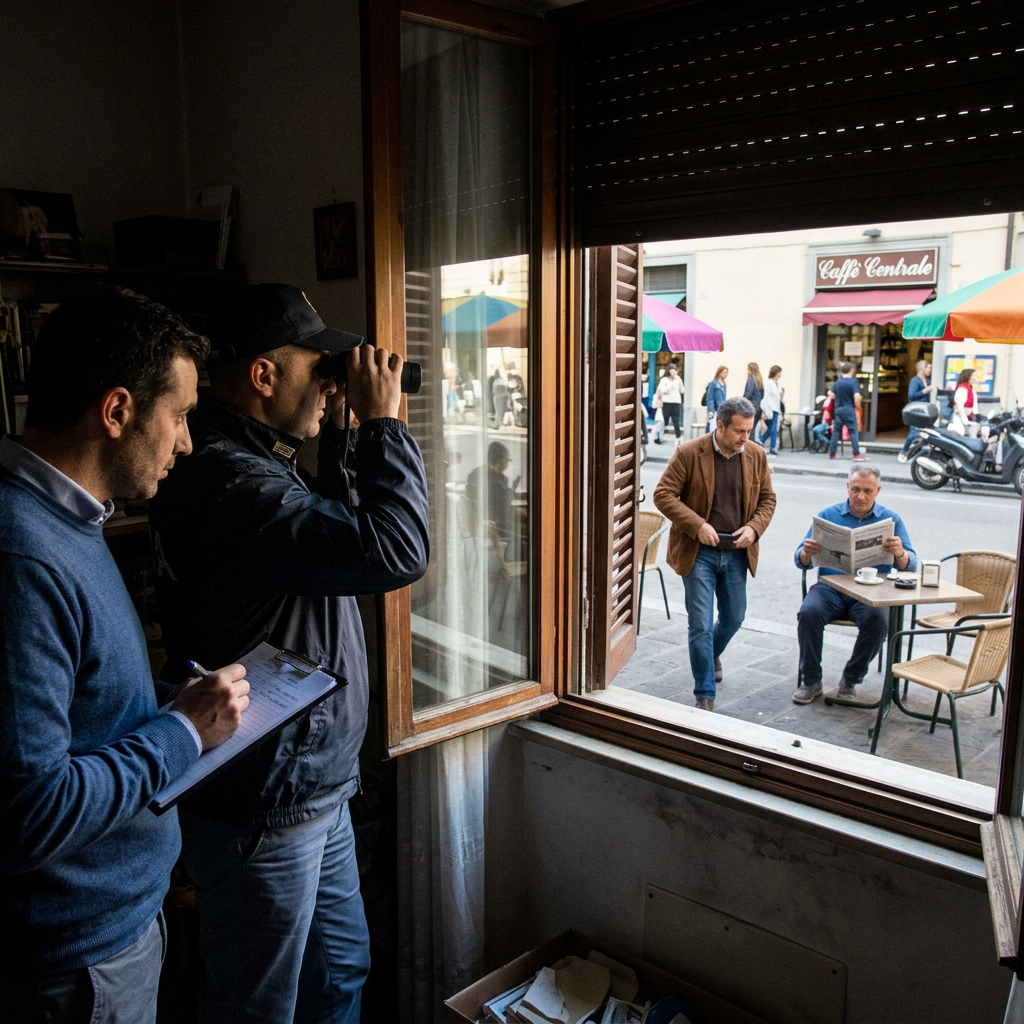 Two men observe a café-lined street through an open window