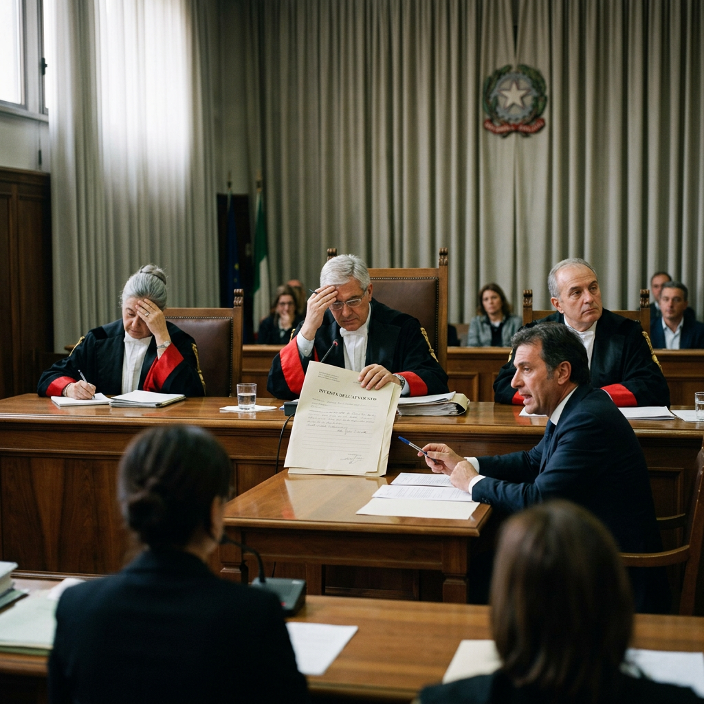 Judges and attorneys conducting a formal courtroom hearing with an official document